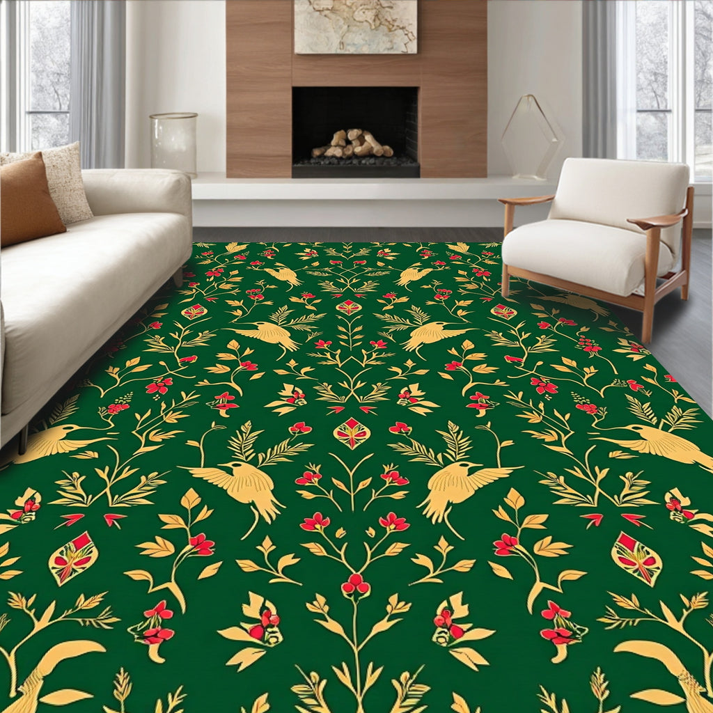 Golden Birds Emerald Floral Garland Rug