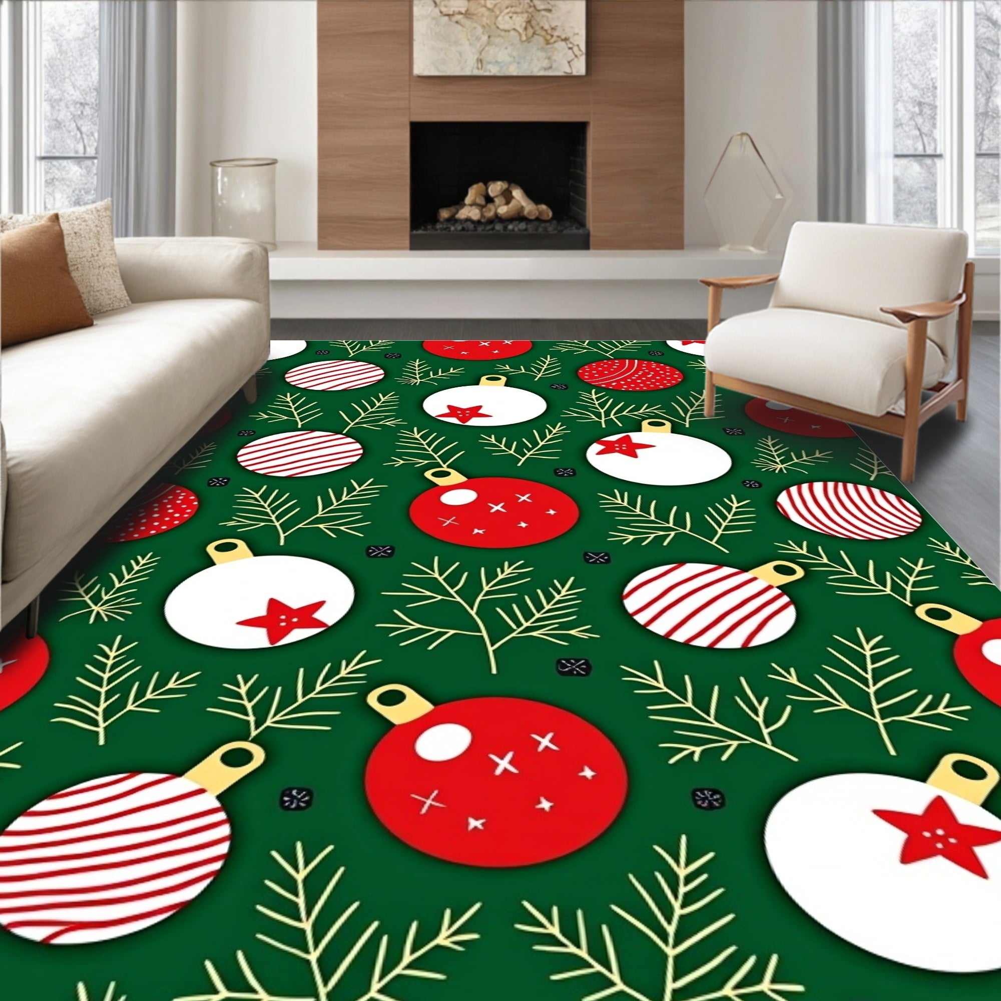 Festive Green Christmas Ornaments Garland Rug