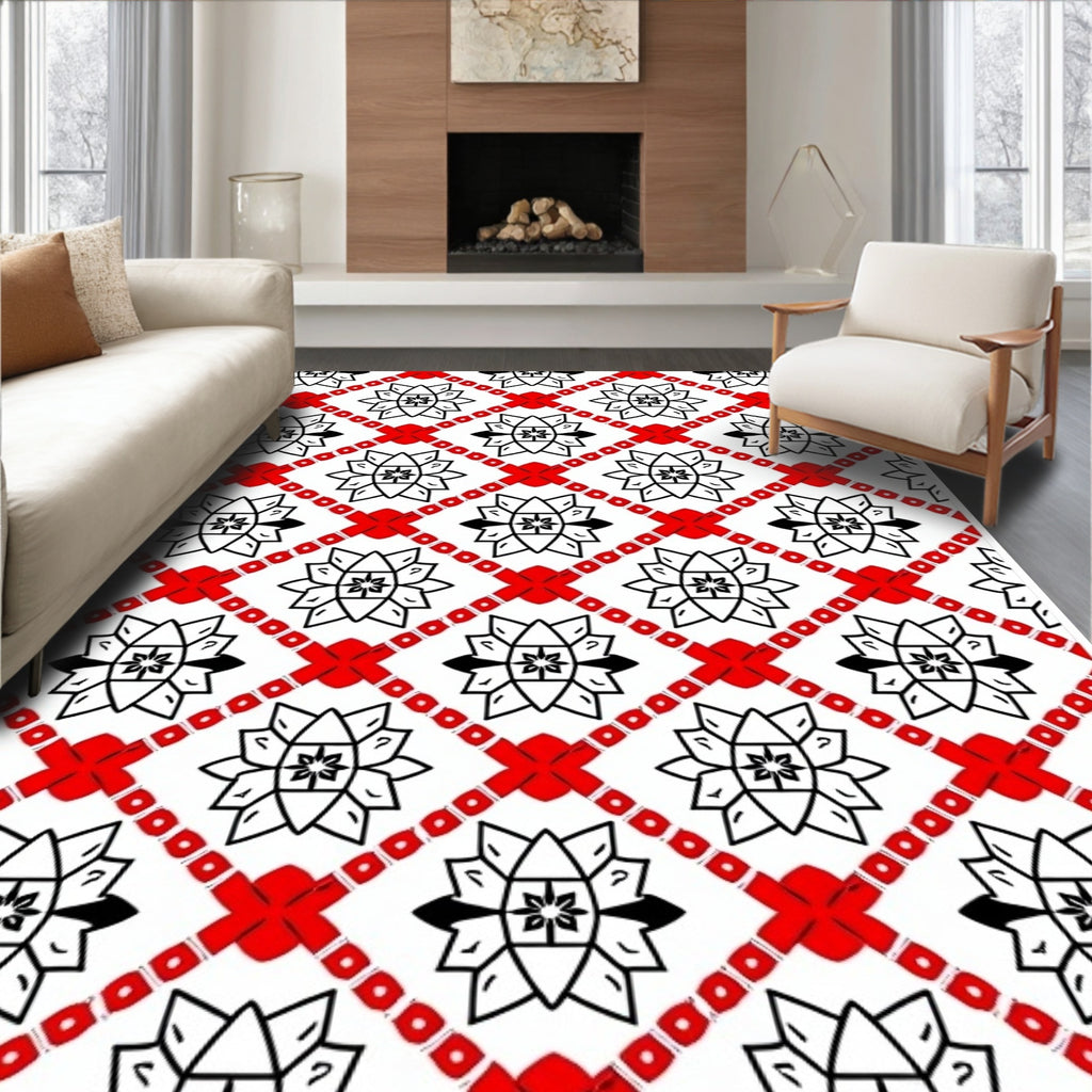 Bold Red Geometric Starburst Rug