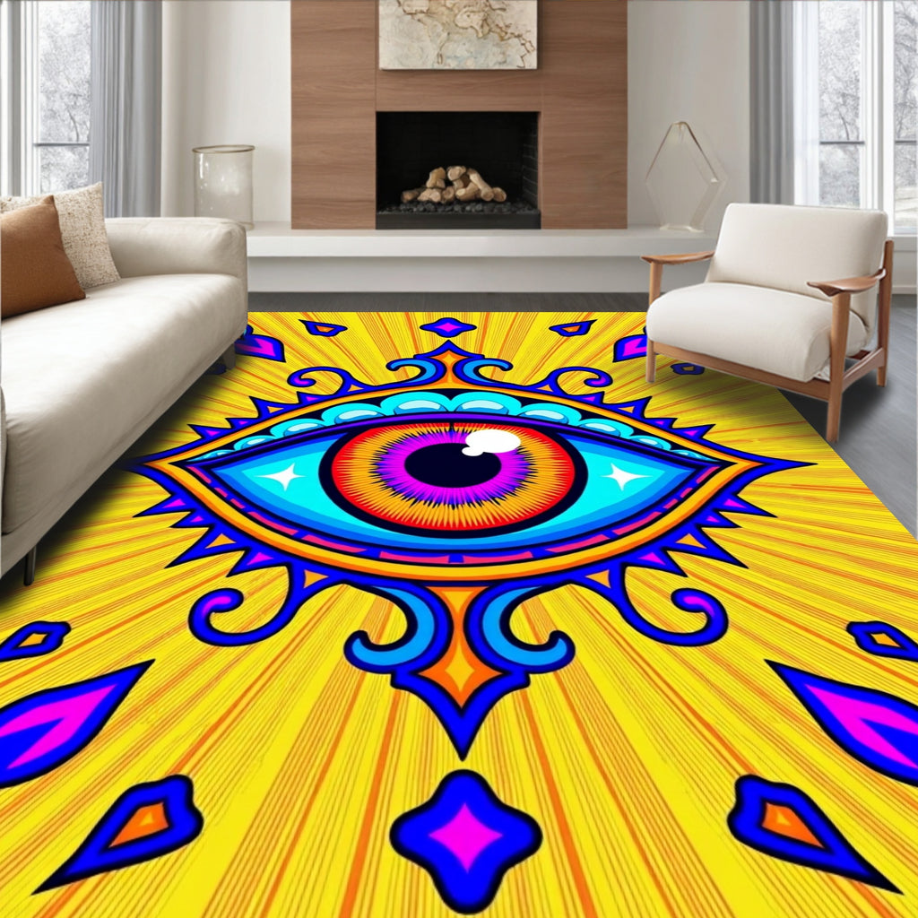 Vibrant Psychedelic Eye Radiating Sunburst Rug