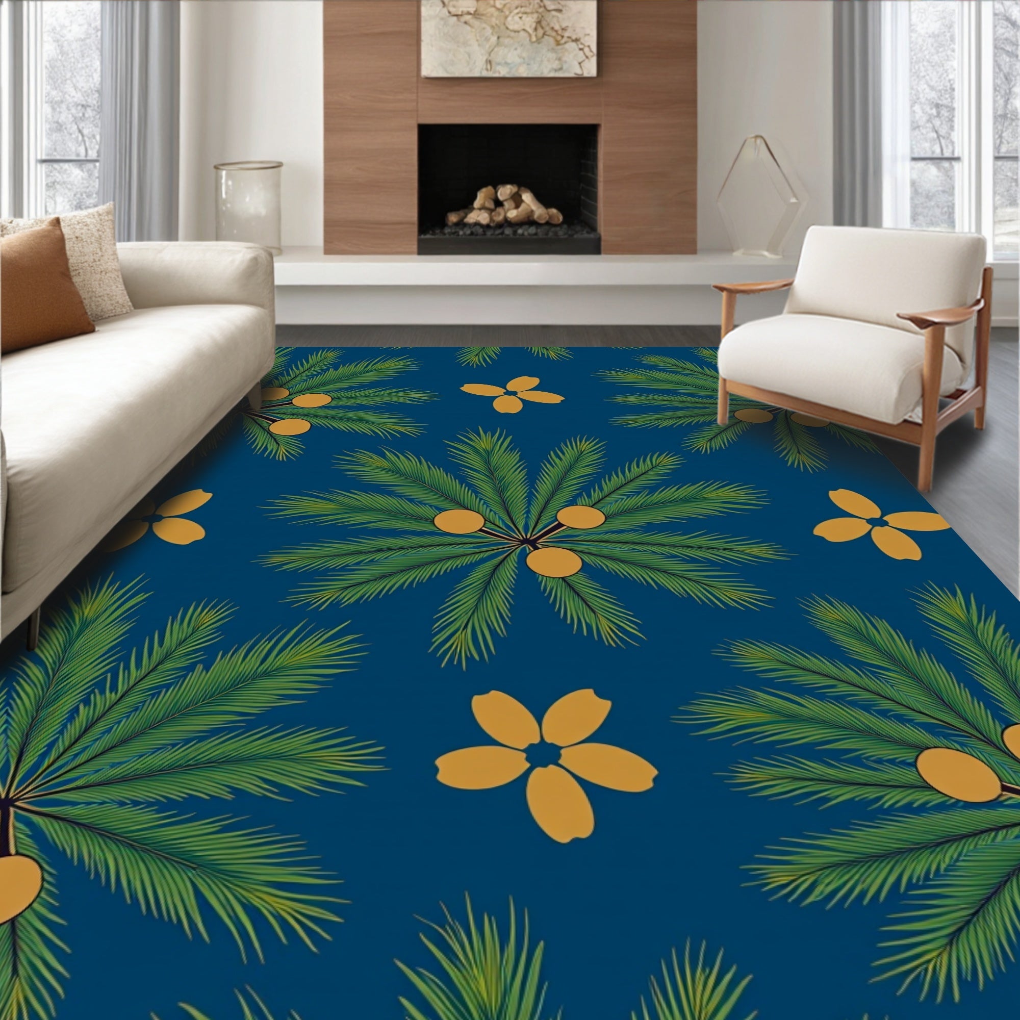 Tropical Palm Frond Orange Blossom Rug