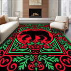 Black Bear Red Green Ornate Folk Rug