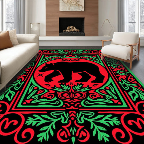 Black Bear Red Green Ornate Folk Rug
