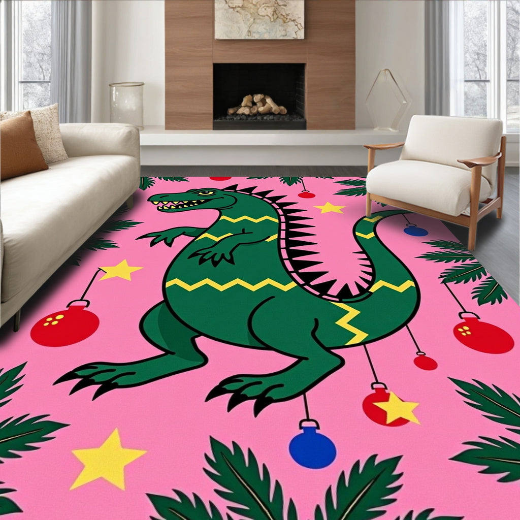 Whimsical Green Dinosaur Christmas Ornaments Rug
