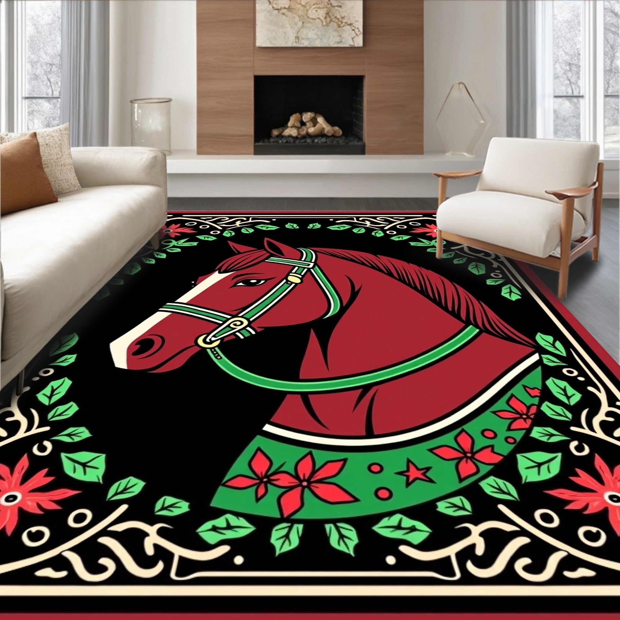 Crimson Horse Floral Garland Art Rug