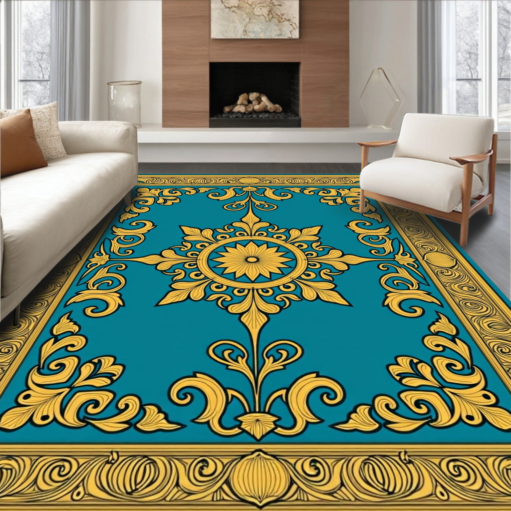 Teal and Gold Ornate Medallion Rug
