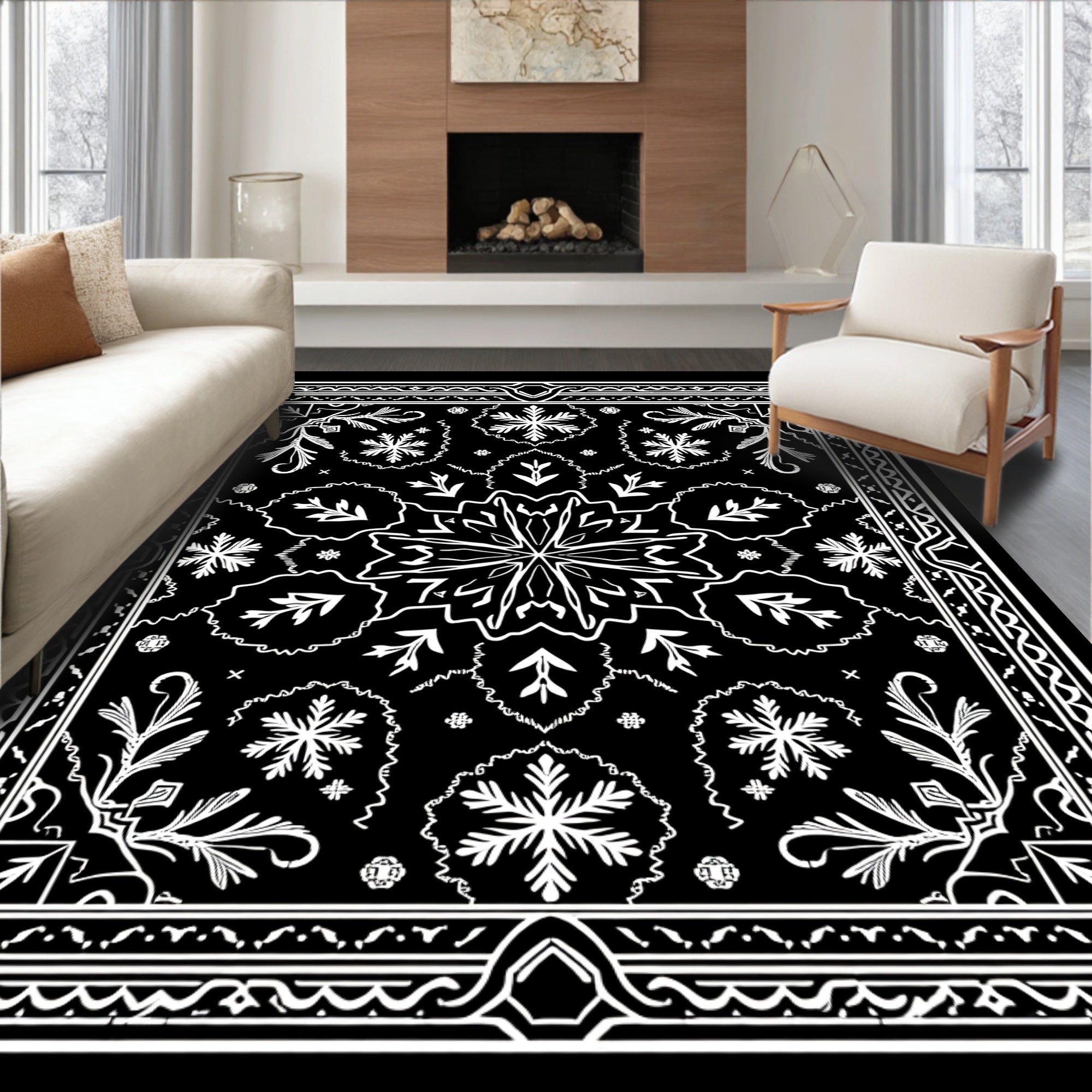 Monochromatic Floral Star With Leaves Rug
