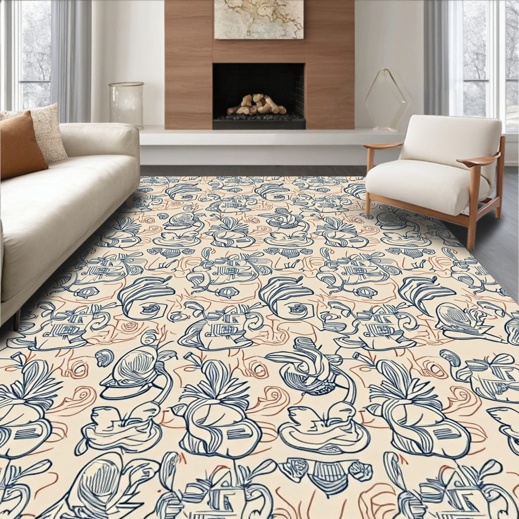 Whimsical Blue Sketchy Figures Rug
