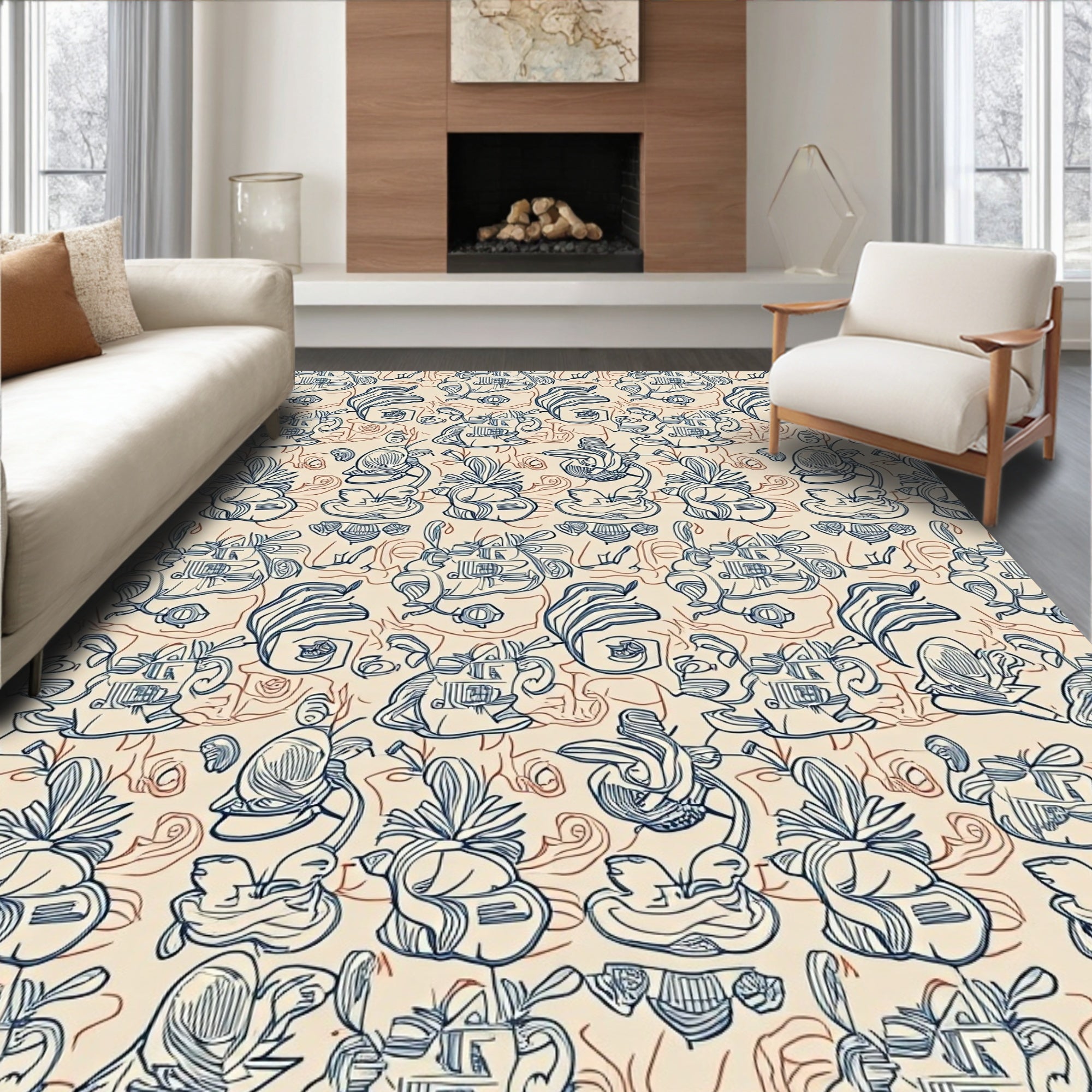 Whimsical Blue Sketchy Figures Rug