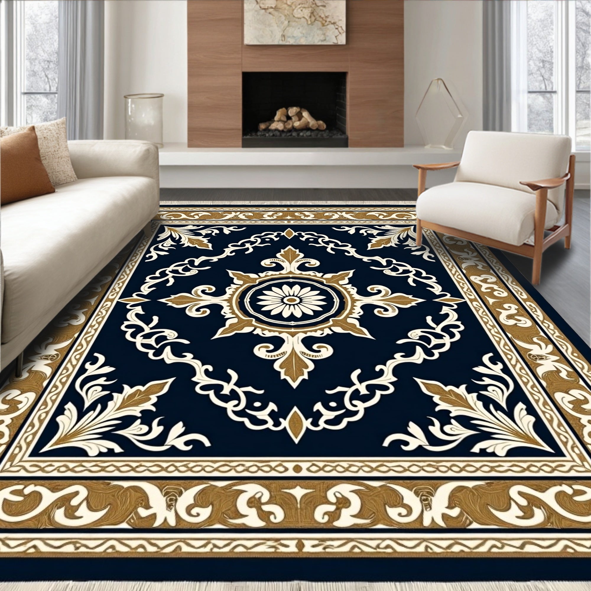 Dark Blue Floral Scroll Medallion Rug