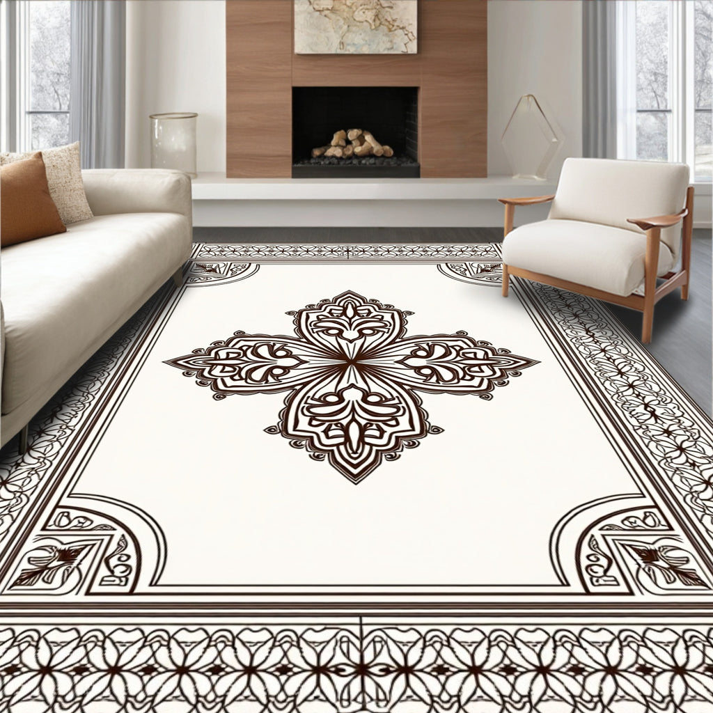Ornate Brown Floral Medallion Border Rug