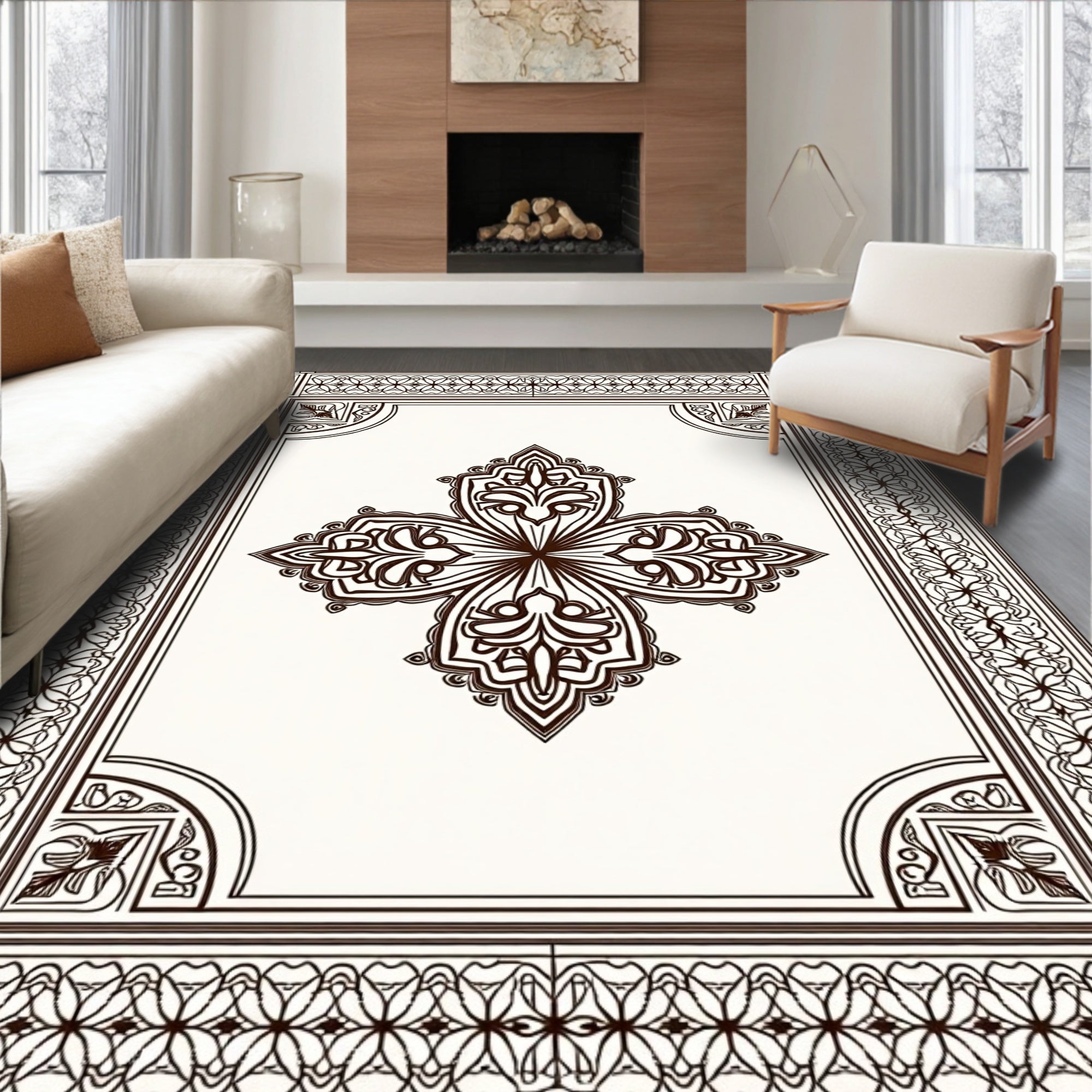 Ornate Brown Floral Medallion Border Rug