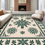 Forest Green Floral Medallion Cream Rug