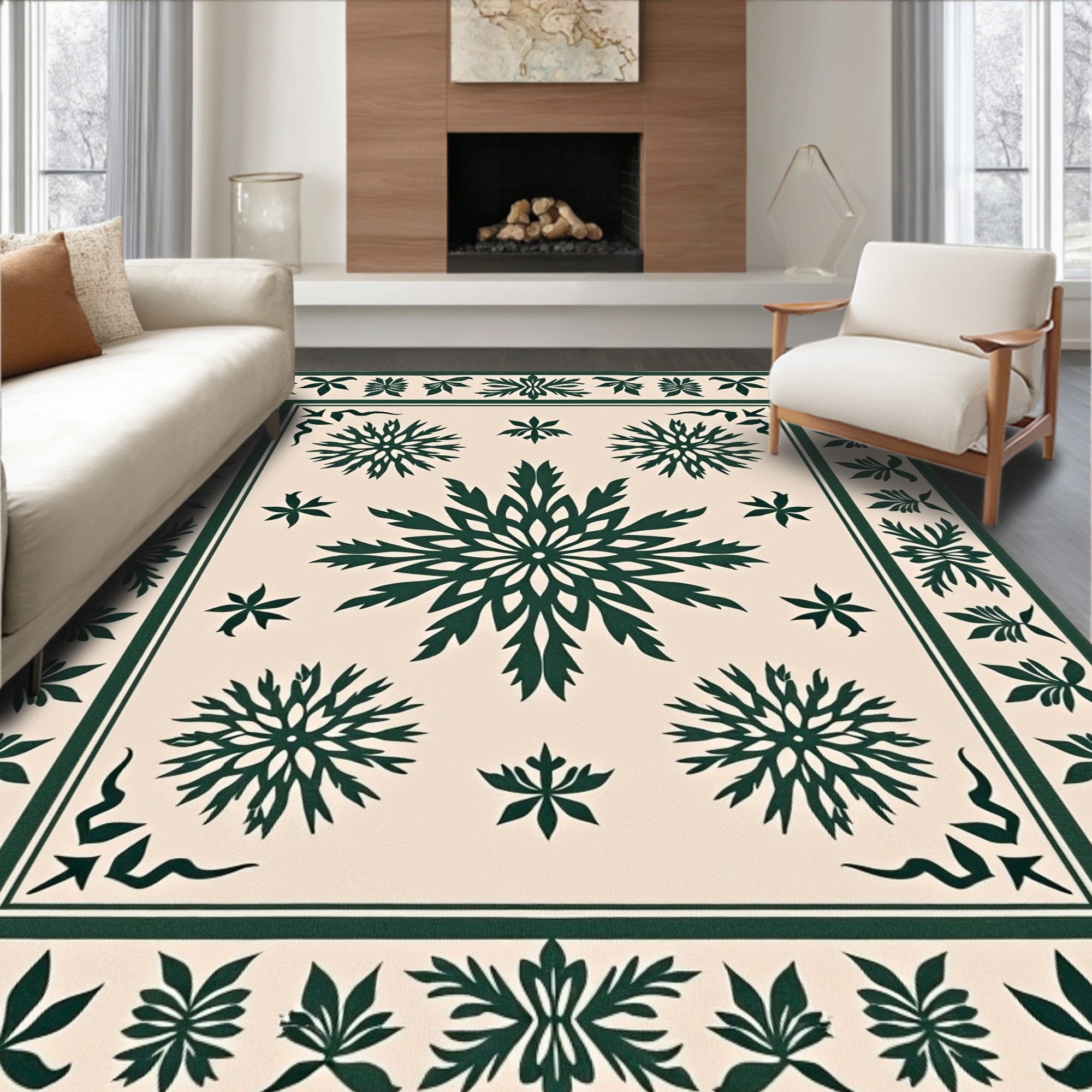 Forest Green Floral Medallion Cream Rug