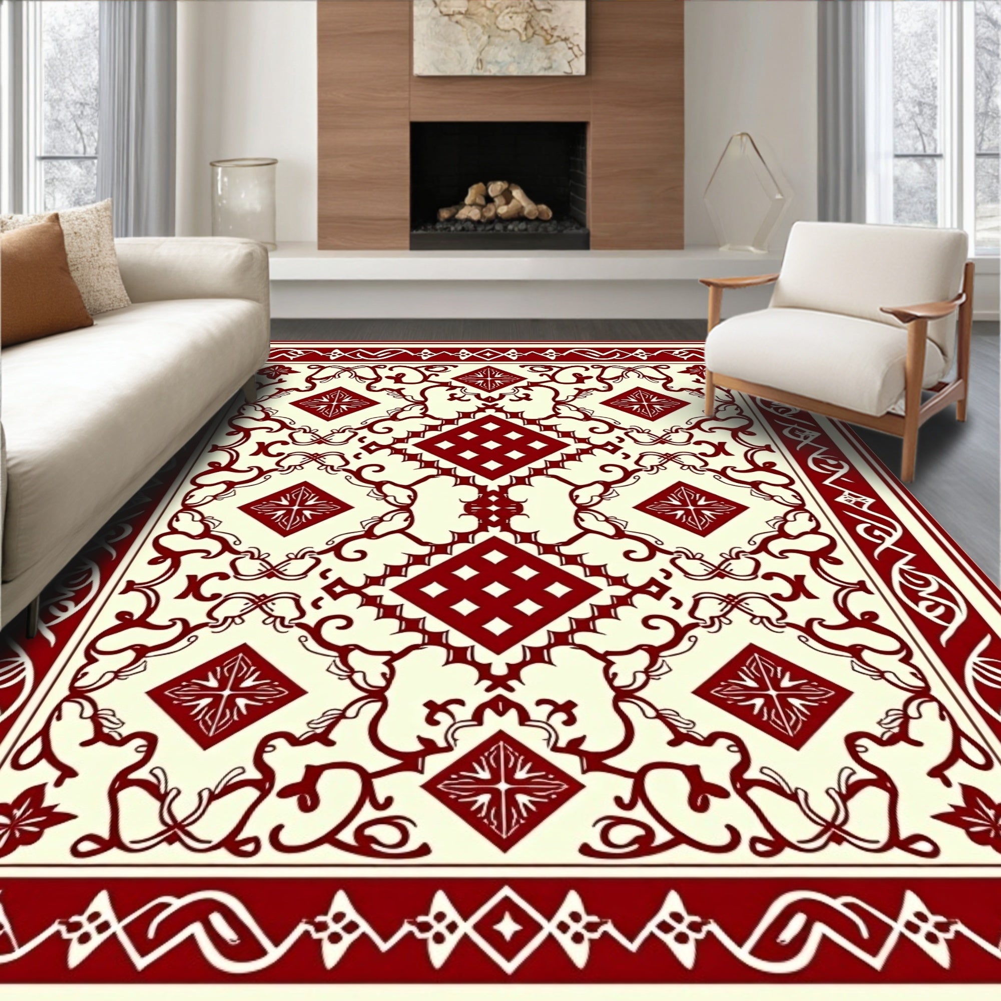 Crimson Ivory Intricate Geometric Medallion Rug