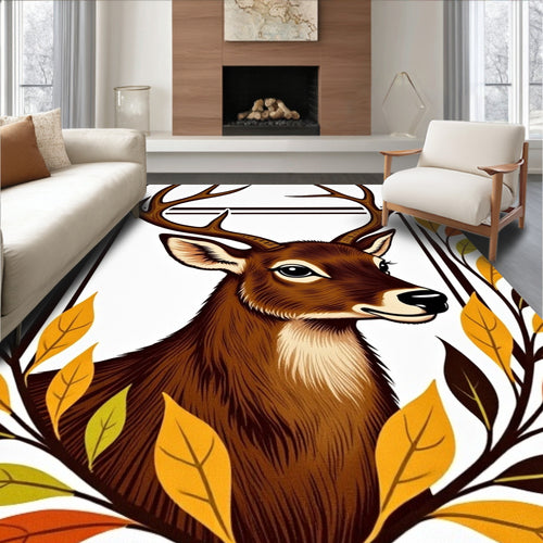 Autumn Deer With Golden Leaf Border Rug