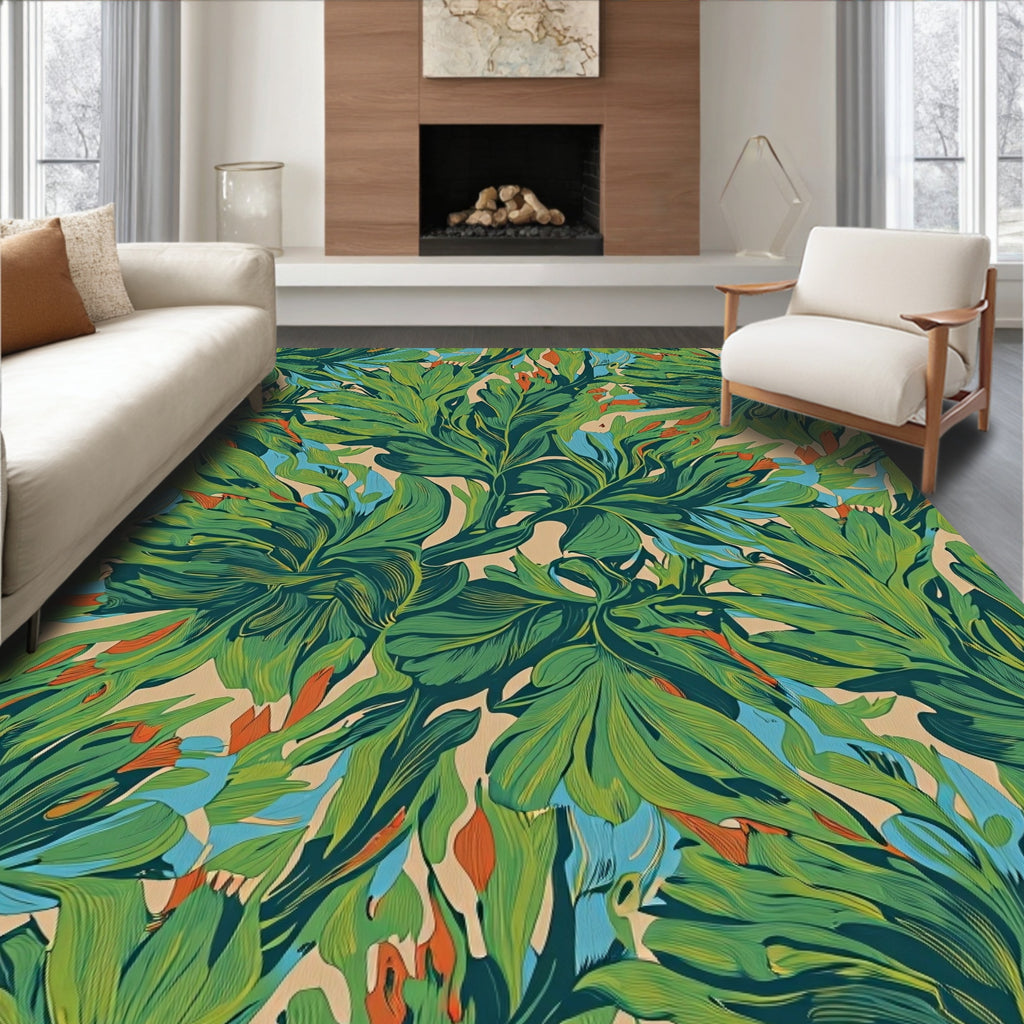 Emerald Lush Foliage with Coral Accents Rug