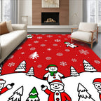 Festive Red Snowmen Santa Claus Trees Rug