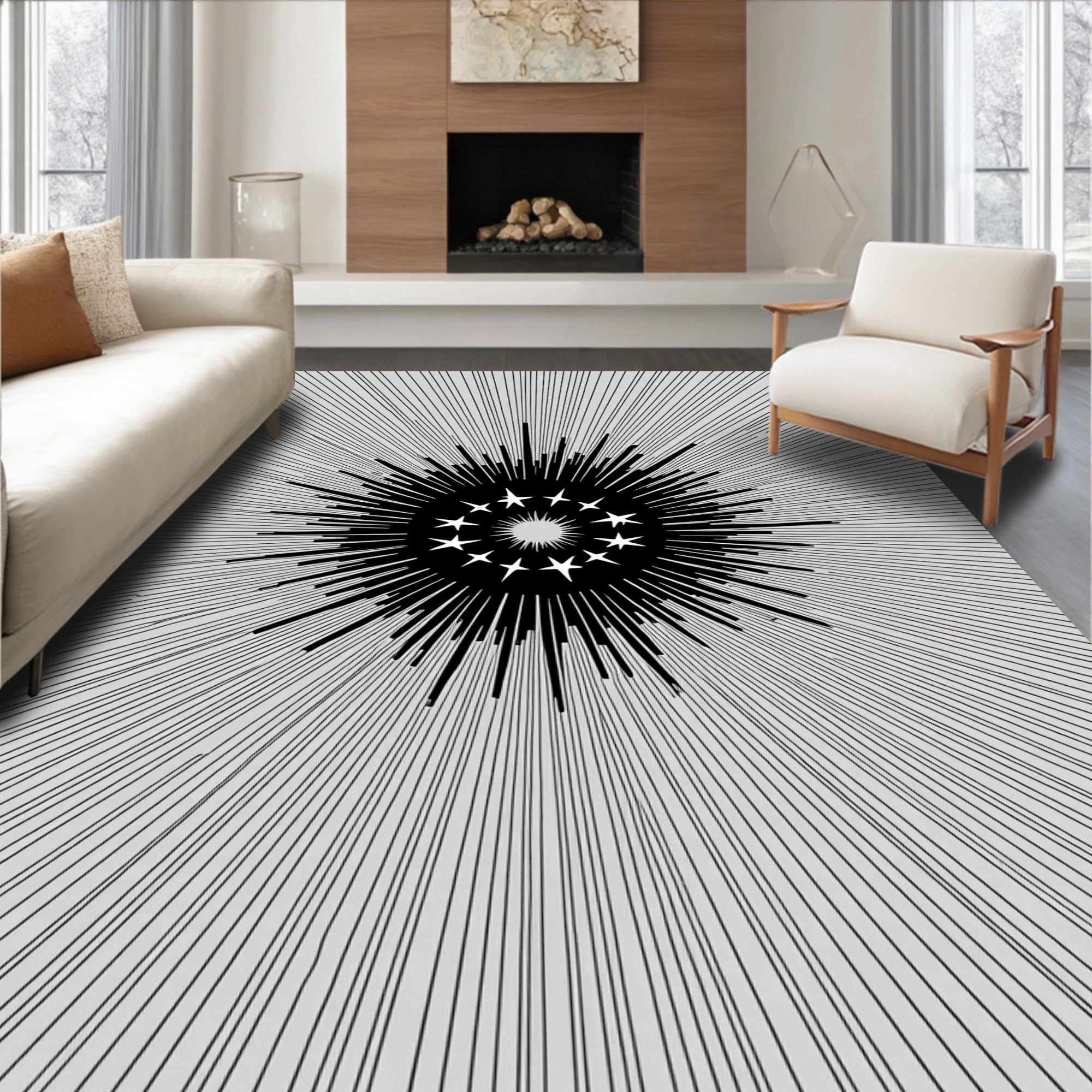 Black Starburst Sunburst Graphic Rug