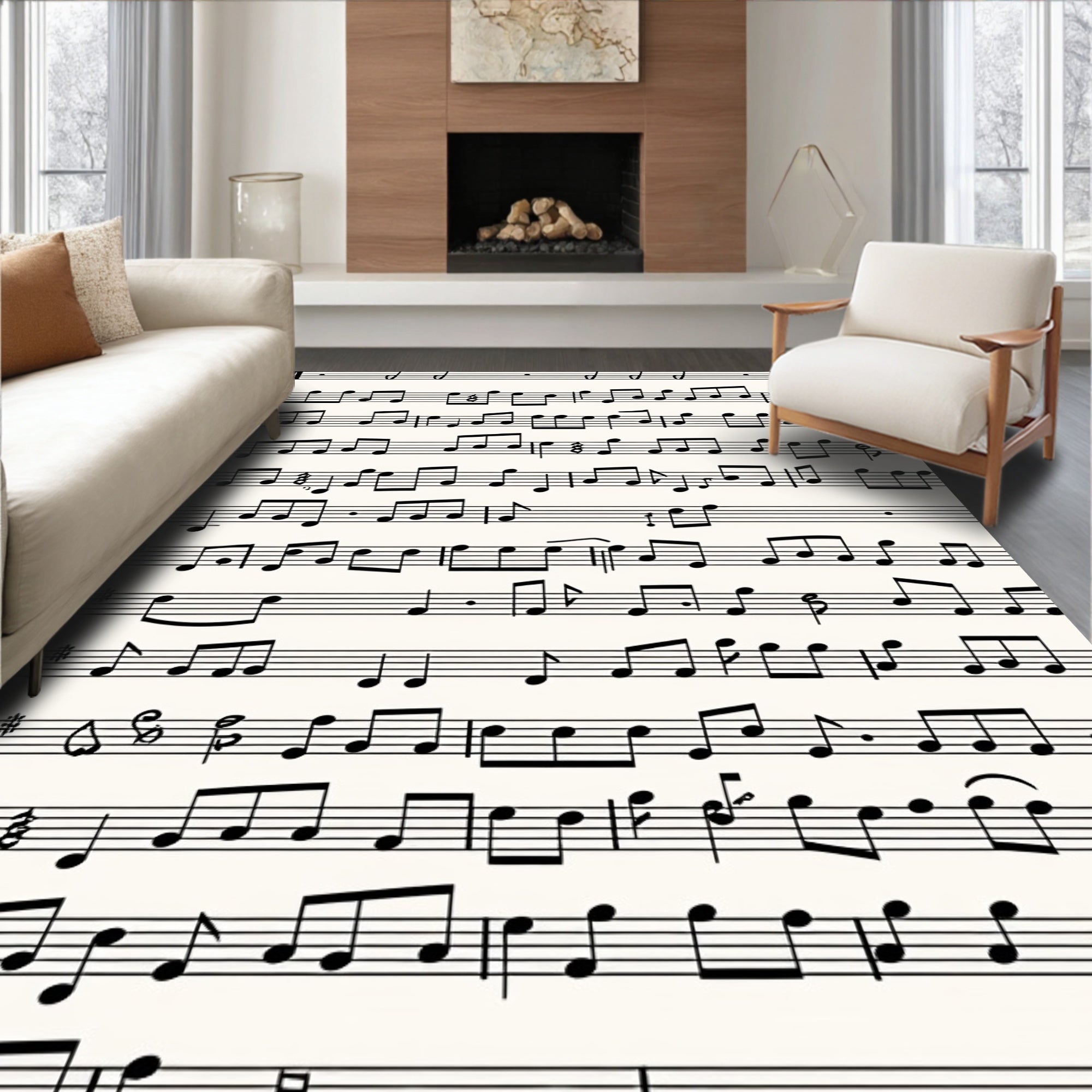 Black White Musical Notes Wallpaper Rug