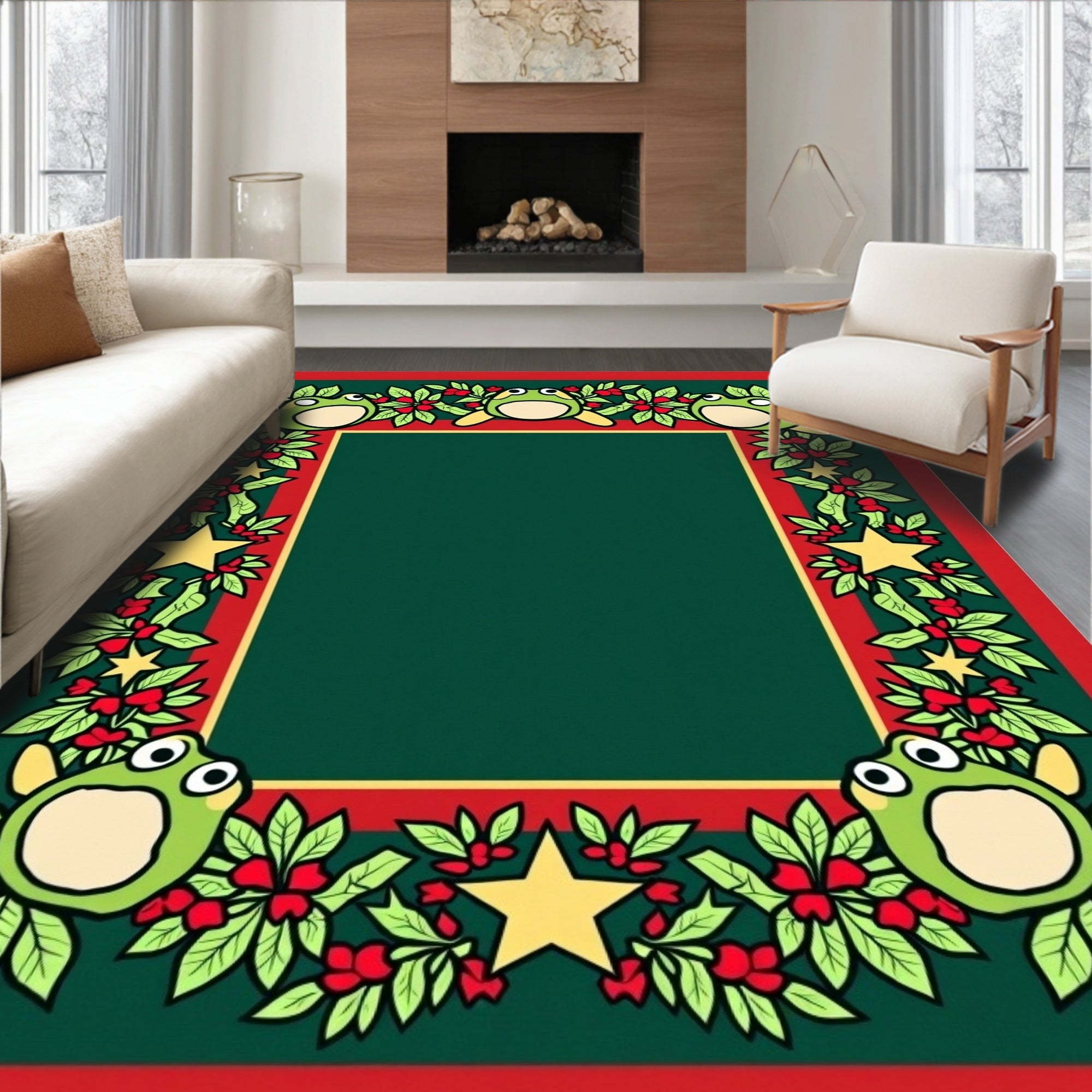 Green Frogs Holly Berry Star Border Rug