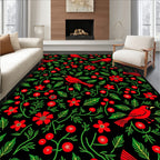 Red Cardinal Floral Vine Black Rug
