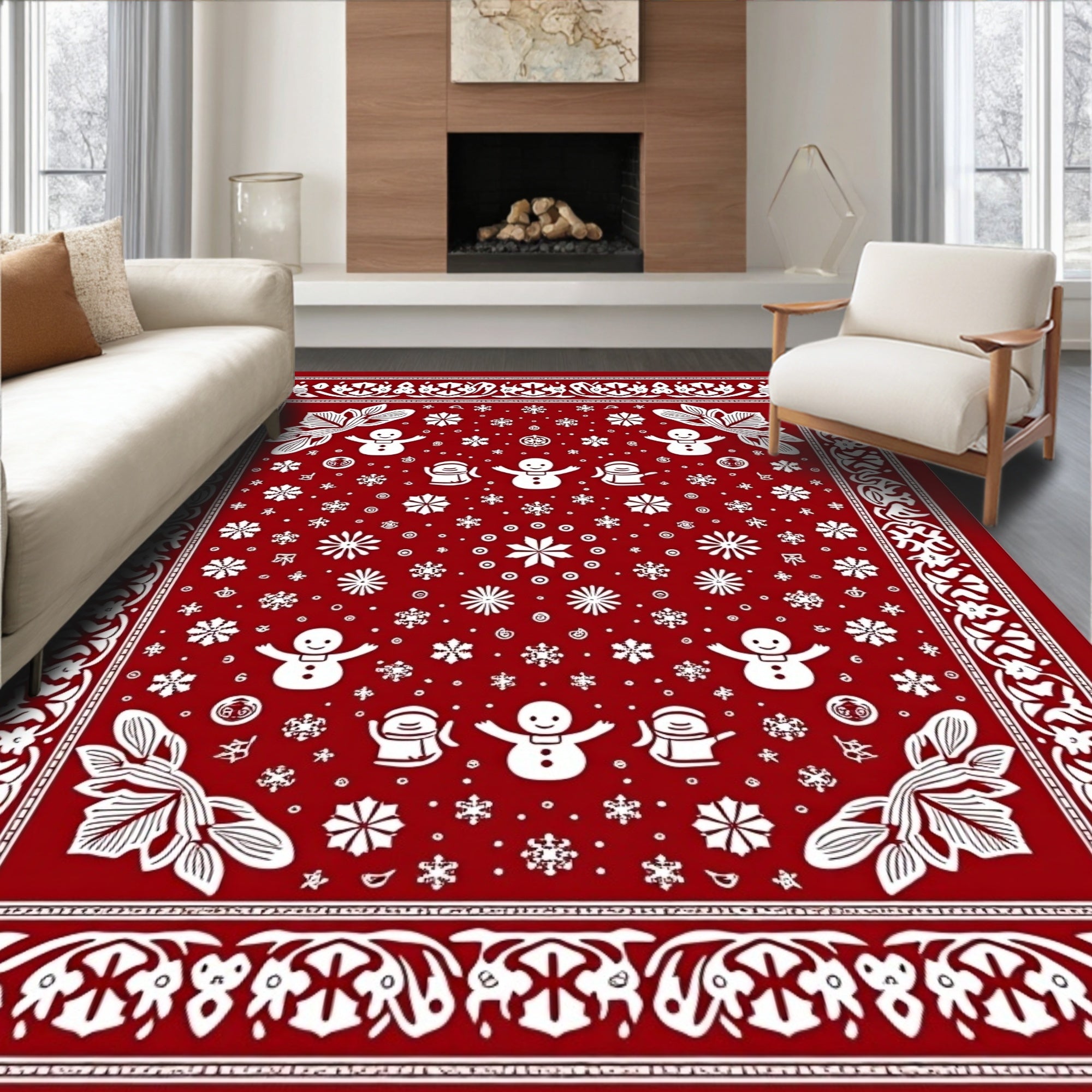 Festive Red Snowman Snowflake Scene Rug