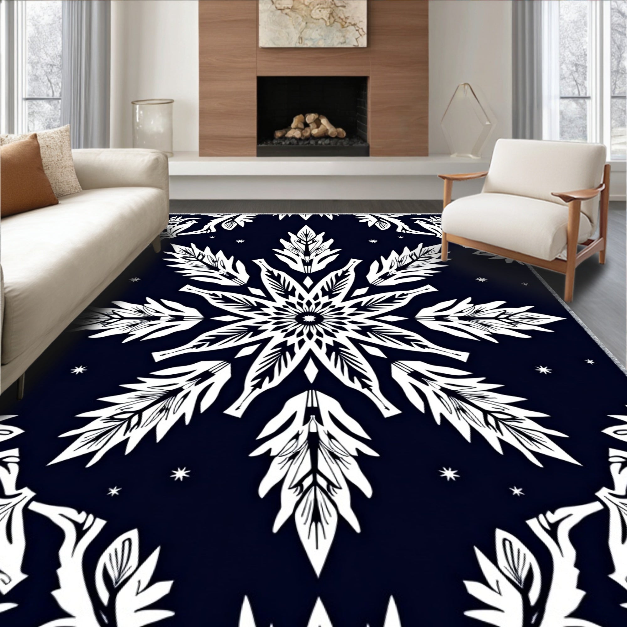 Dark Blue White Snowflake Mandala Rug
