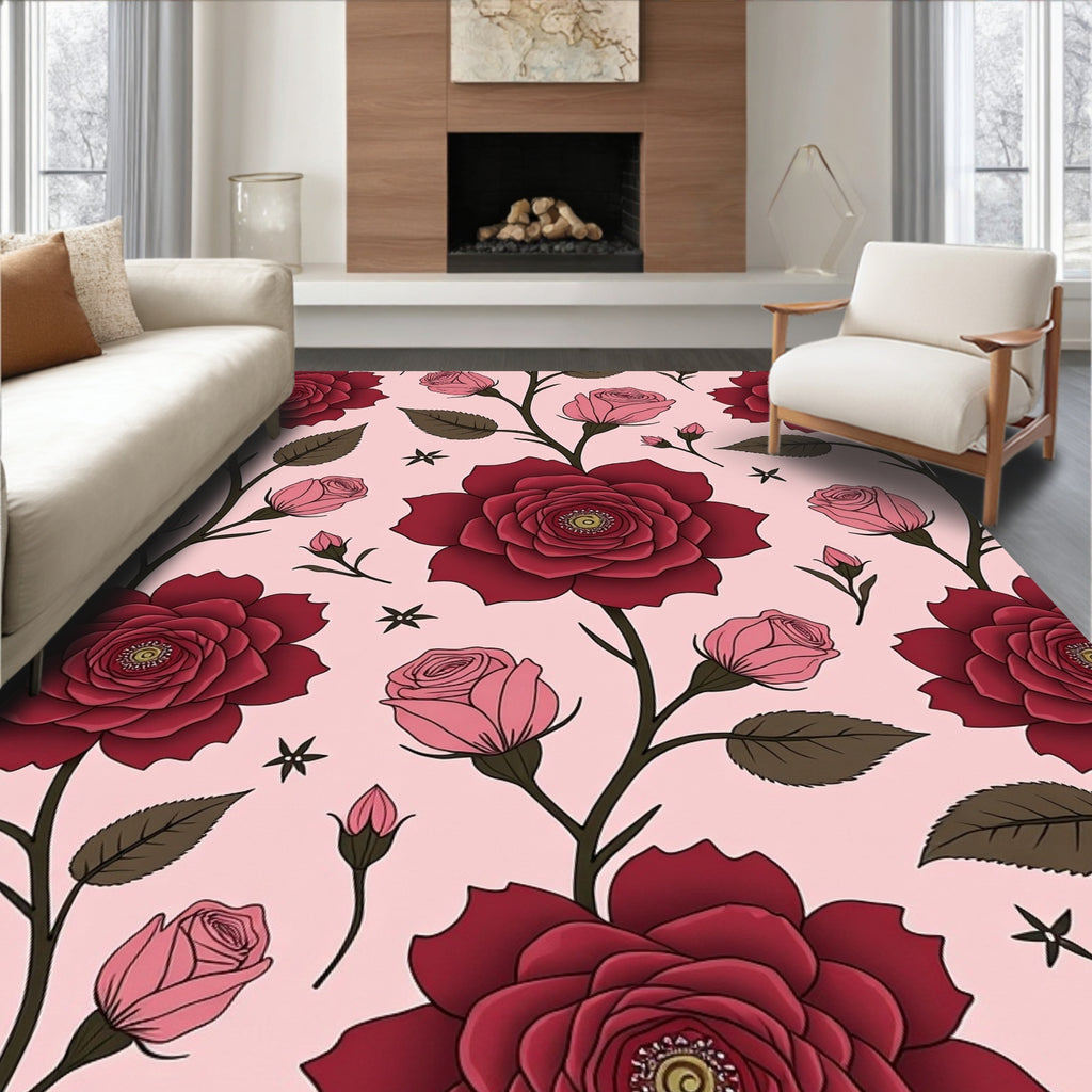 Crimson Pink Rose Vine Garden Rug