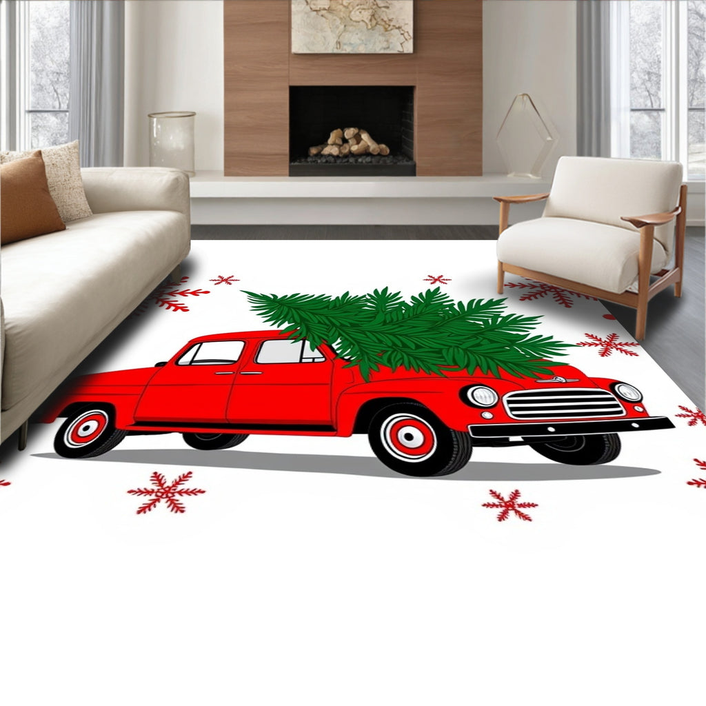 Red Vintage Truck Christmas Tree Snowflakes Rug