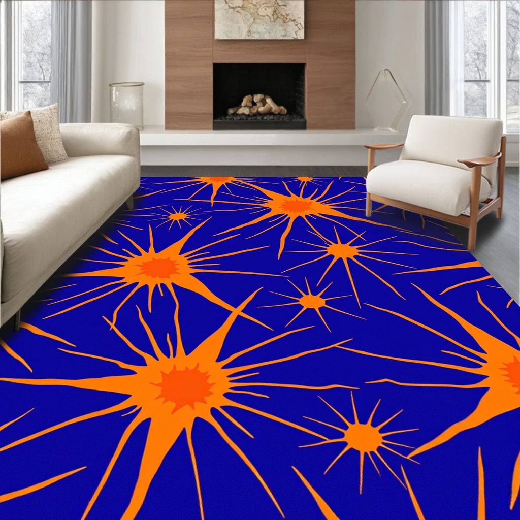 Orange Exploding Stars Blue Background Rug