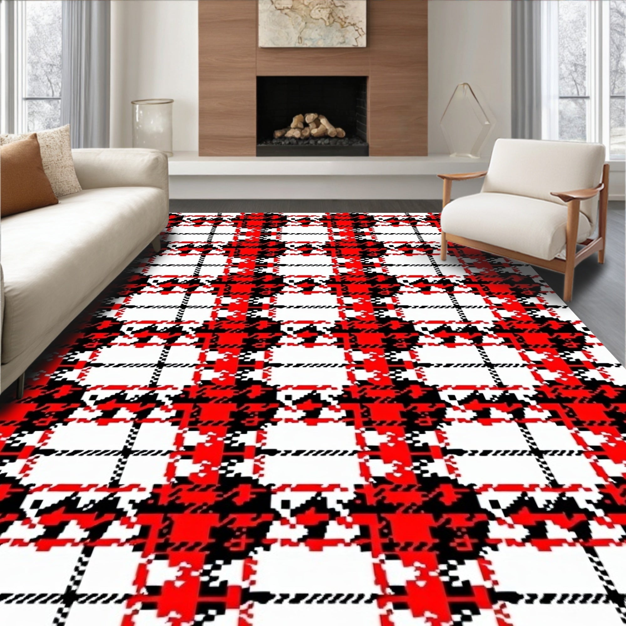 Red Black White Houndstooth Plaid Rug