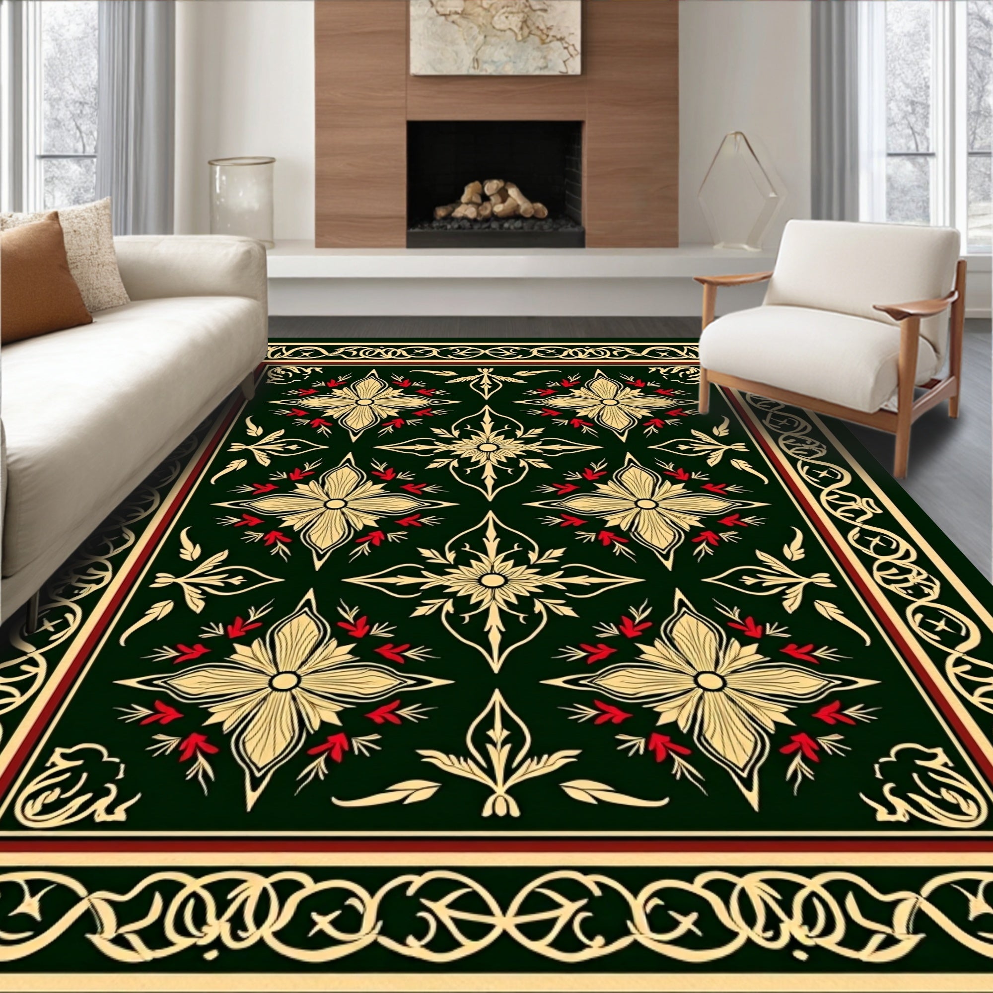 Ornate Gold Floral Red Accent Rug