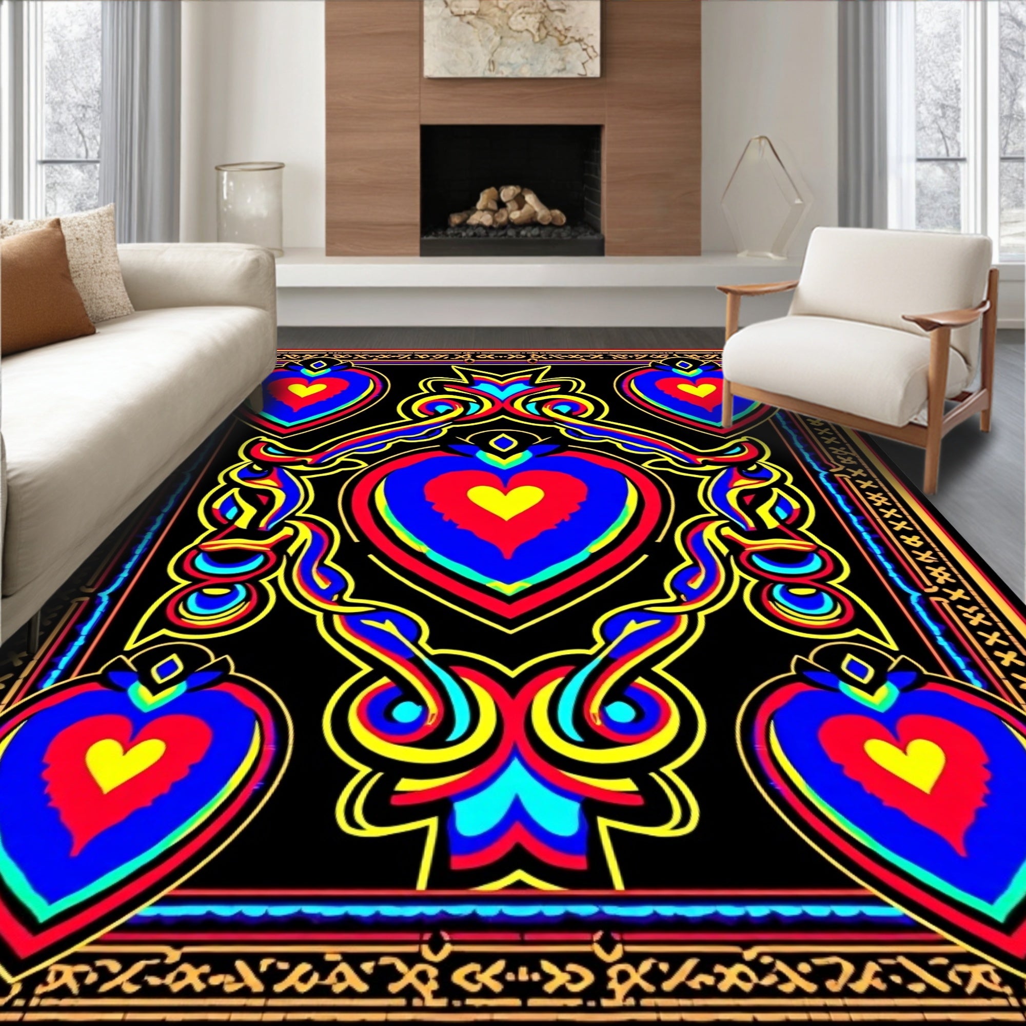 Vibrant Blue Red Yellow Heart Border Rug