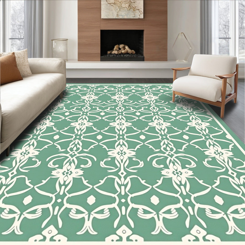 Serene Teal White Filigree Damask Rug