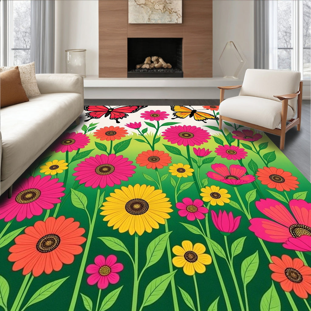 Vibrant Floral Garden with Butterflies Rug