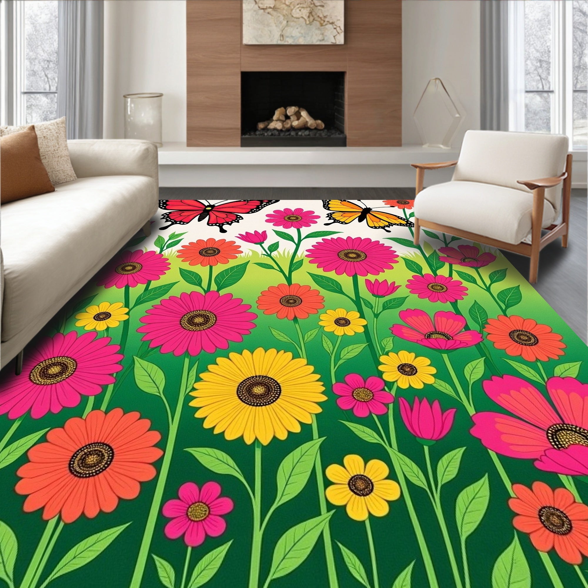 Vibrant Floral Garden with Butterflies Rug