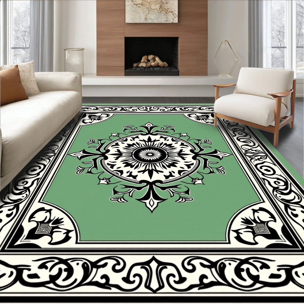 Sage Green Floral Medallion Border Rug