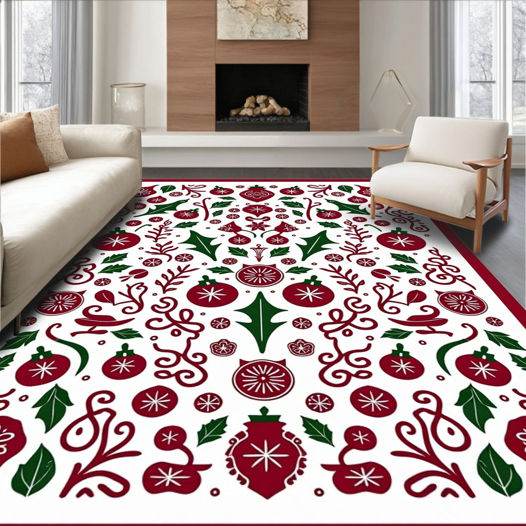 Crimson Green Holiday Ornament Collage Rug