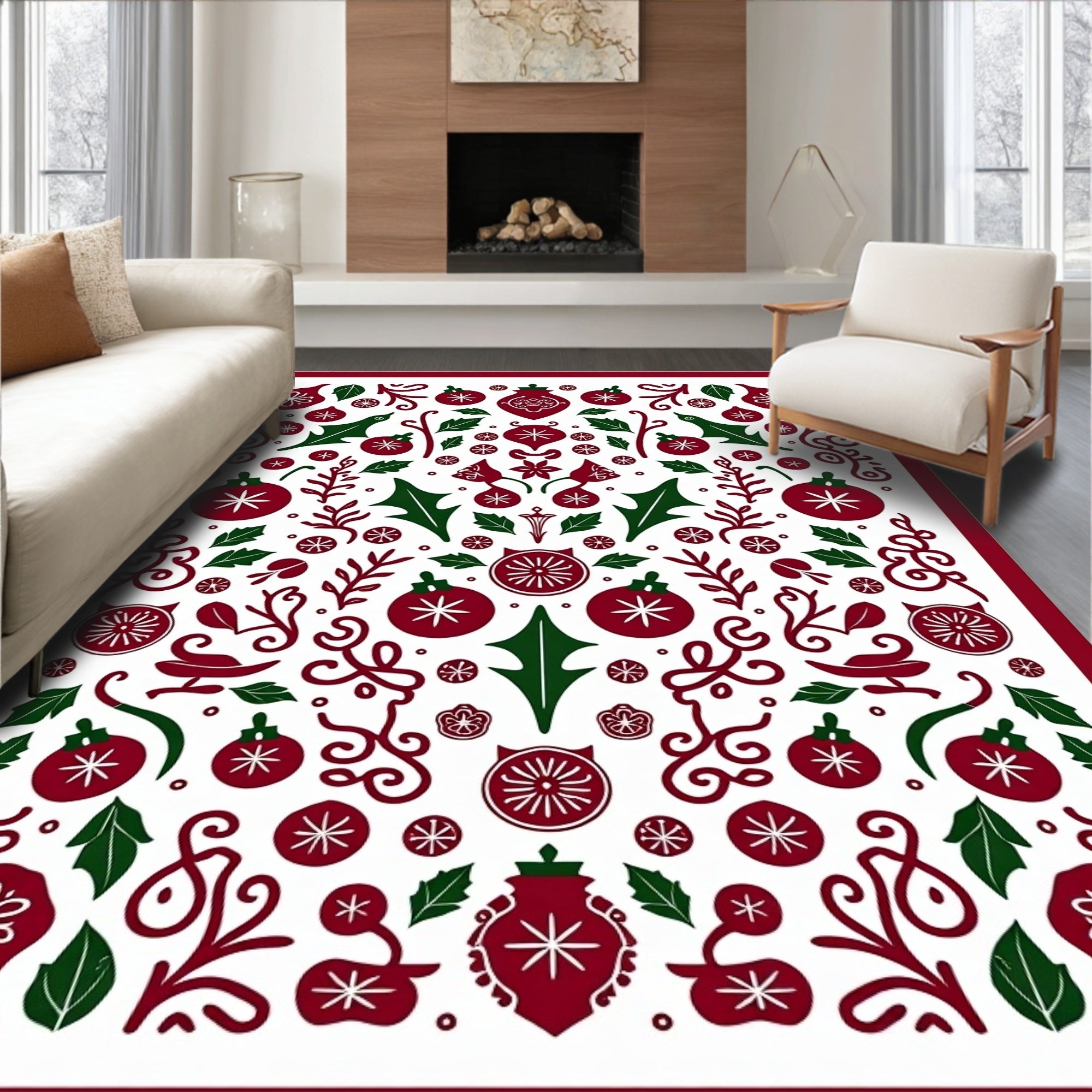 Crimson Green Holiday Ornament Collage Rug