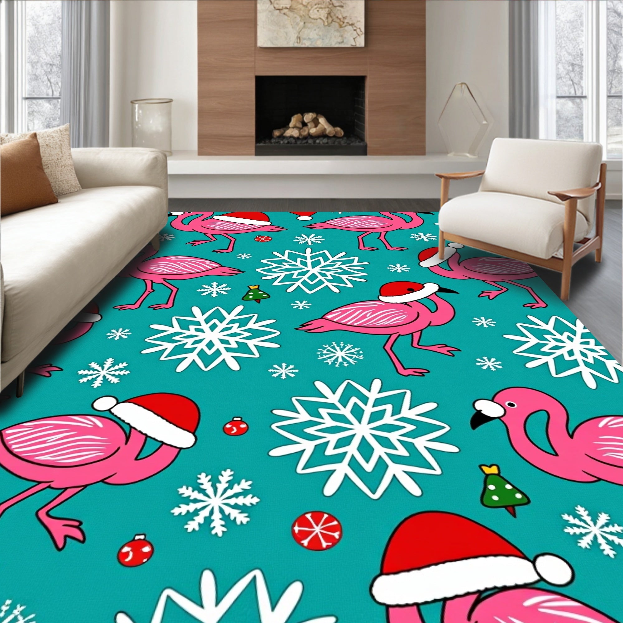 Pink Flamingo Santa Hat Snowflakes Holiday Rug