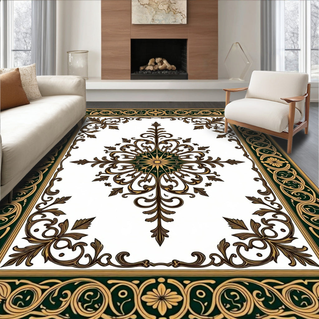Elegant Gold Green Floral Scroll Rug