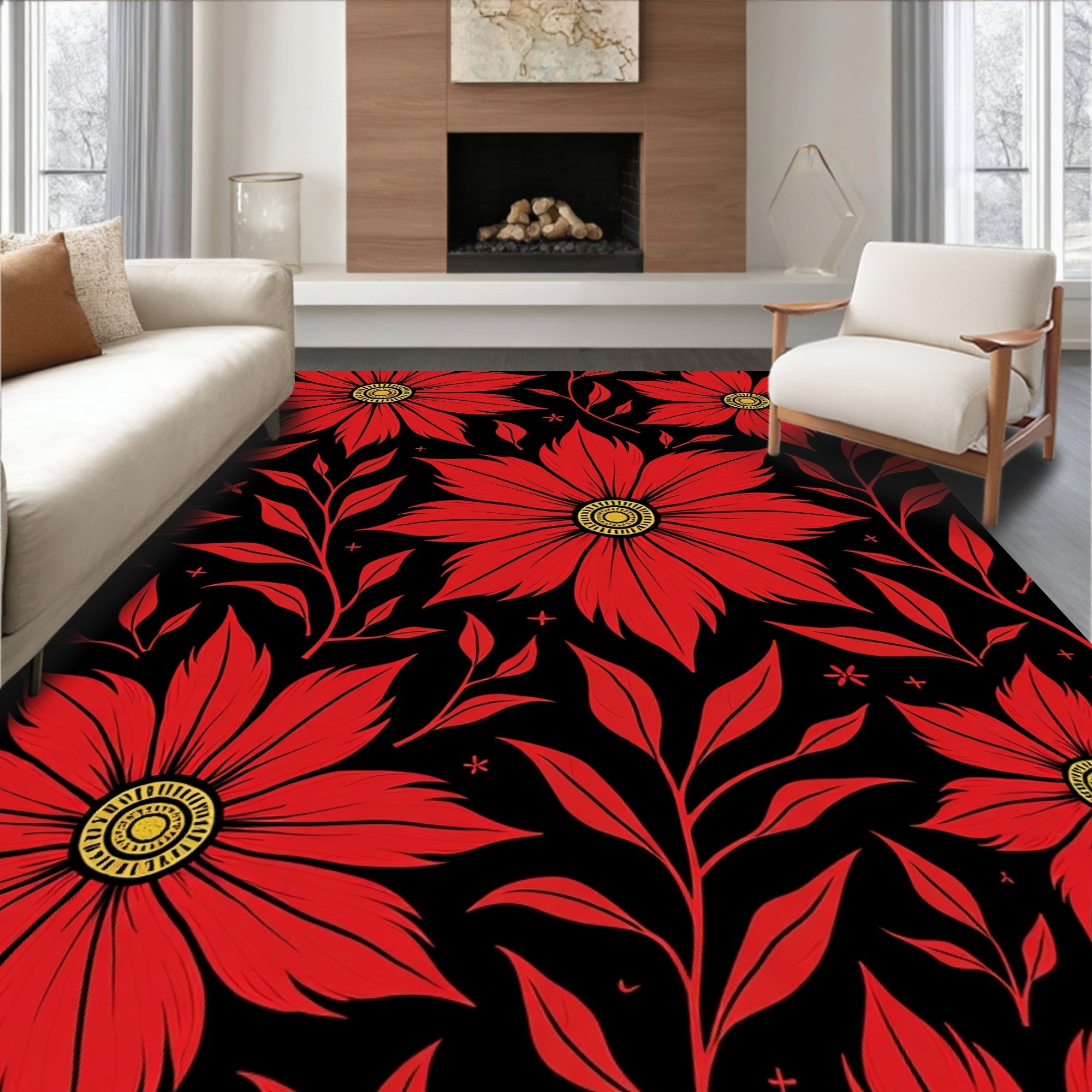Bold Red Floral Black Background Rug