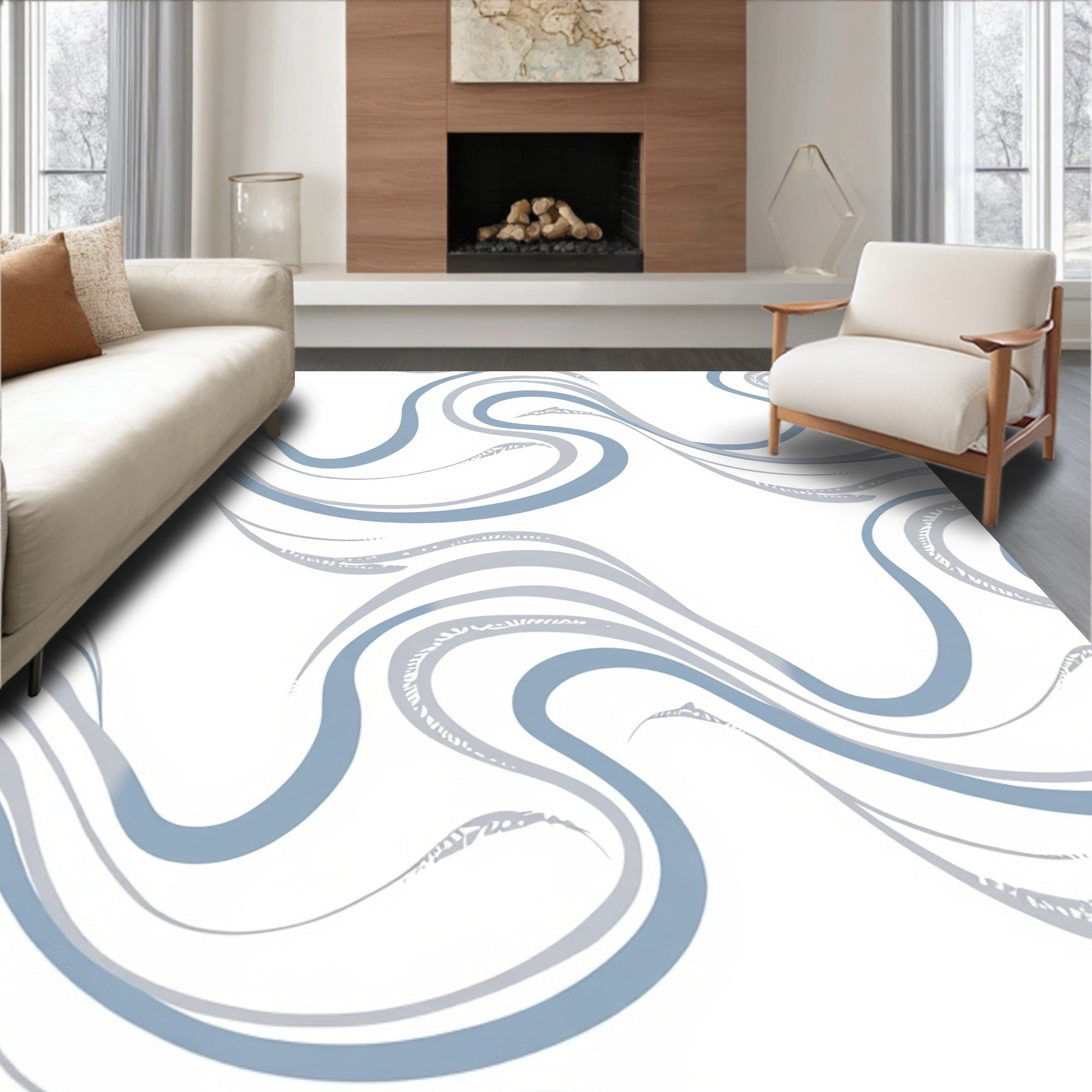 Blue Gray Swirling Curve Abstract Rug