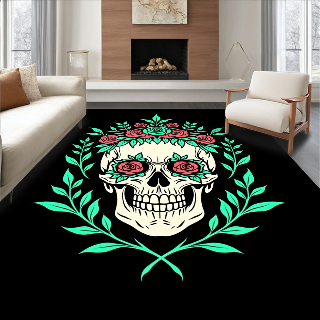Coral Rose Skull Laurel Wreath Rug