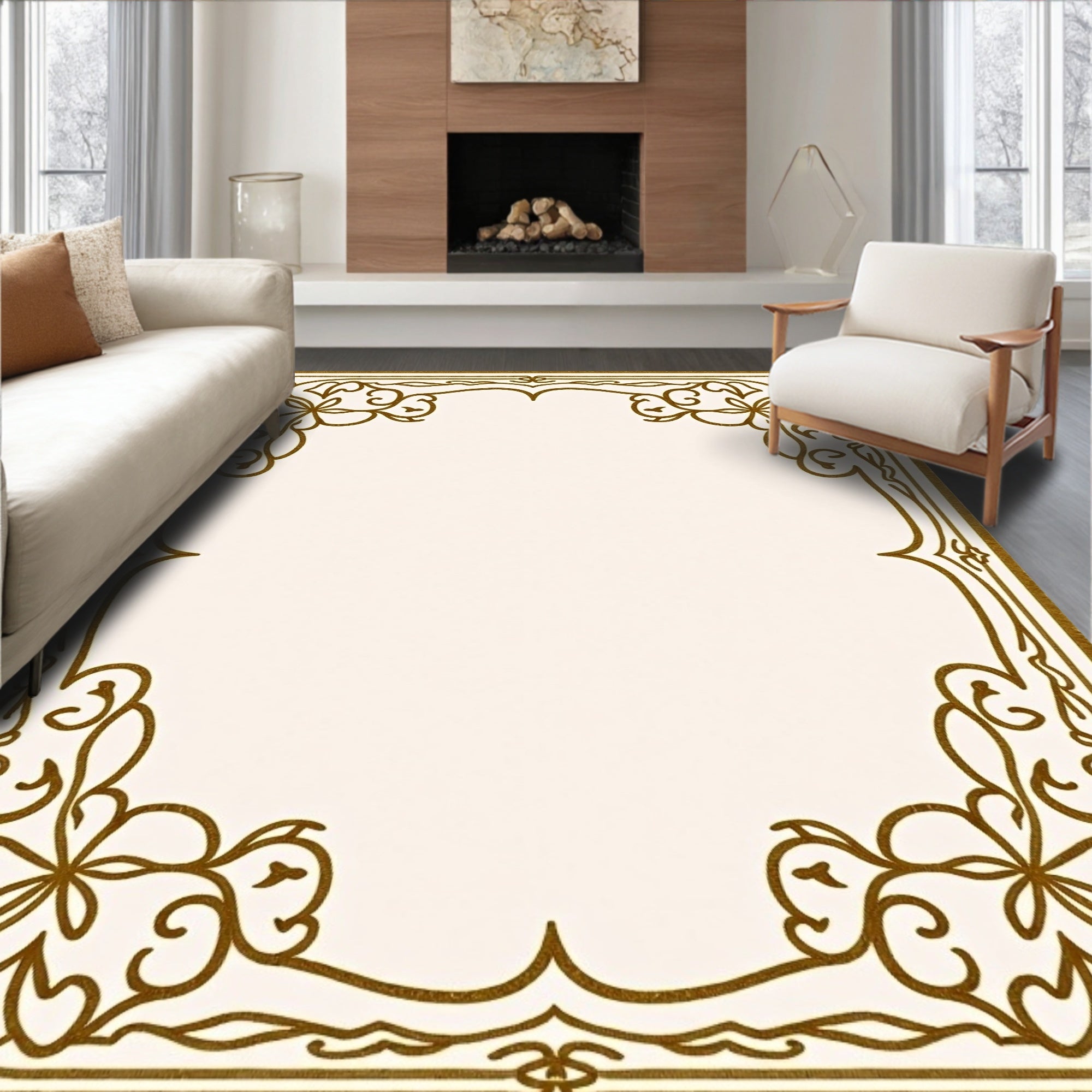 Golden Floral Scrollwork Border Rug