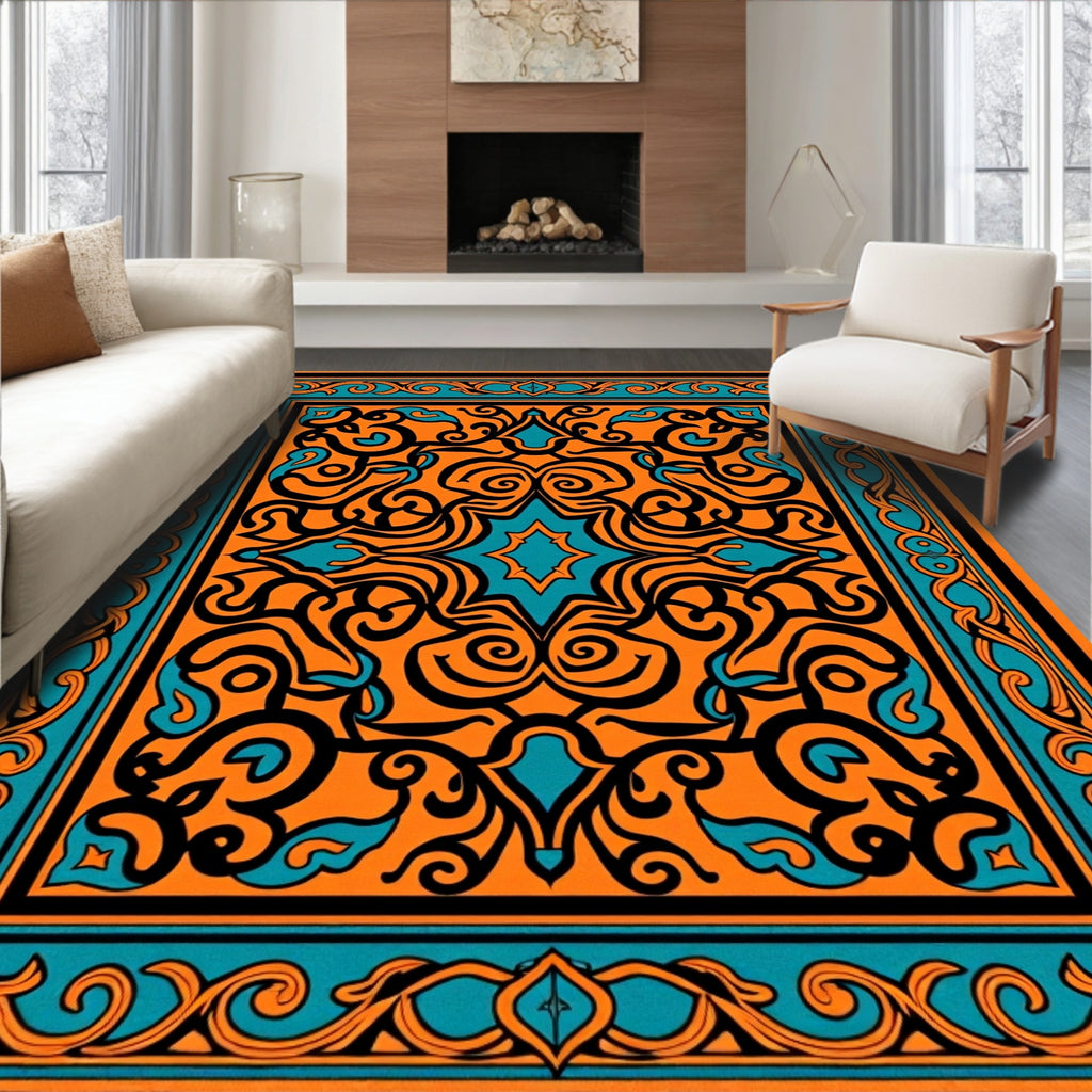 Bold Orange Teal Scrollwork Medallion Rug