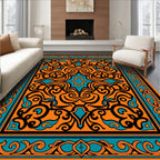 Bold Orange Teal Scrollwork Medallion Rug