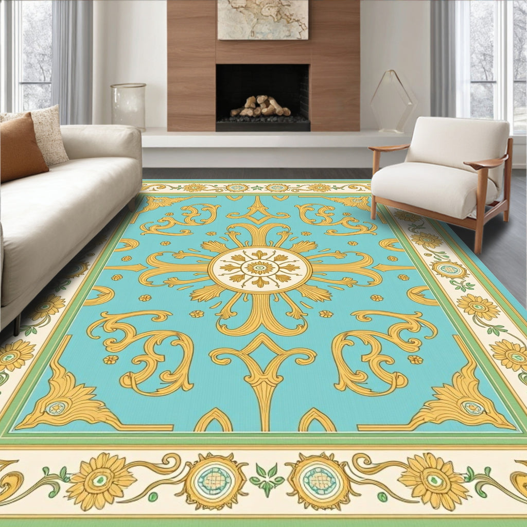 Golden Acanthus Leaf Medallion Teal Rug