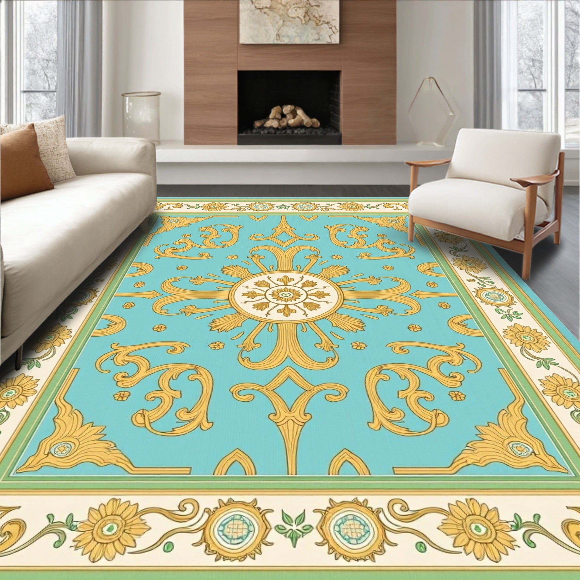Golden Acanthus Leaf Medallion Teal Rug